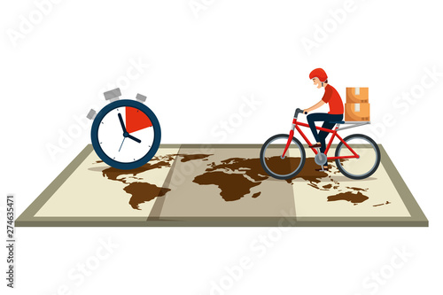 worker of delivery service in bicycle with chronometer and map