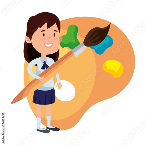 happy student girl painting with paintbrush and pallette