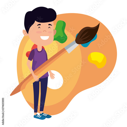 happy student boy with paint brush and pallette