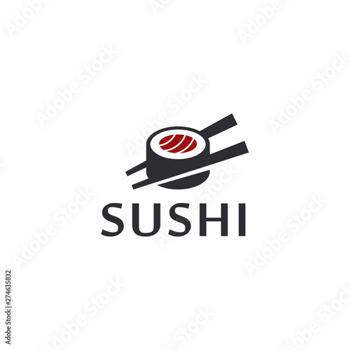 Sushi rolls with chopstick vector logo template. Japanese traditional cuisine / asian sushi 