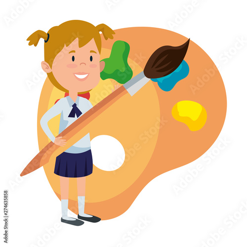 happy student girl painting with paintbrush and pallette