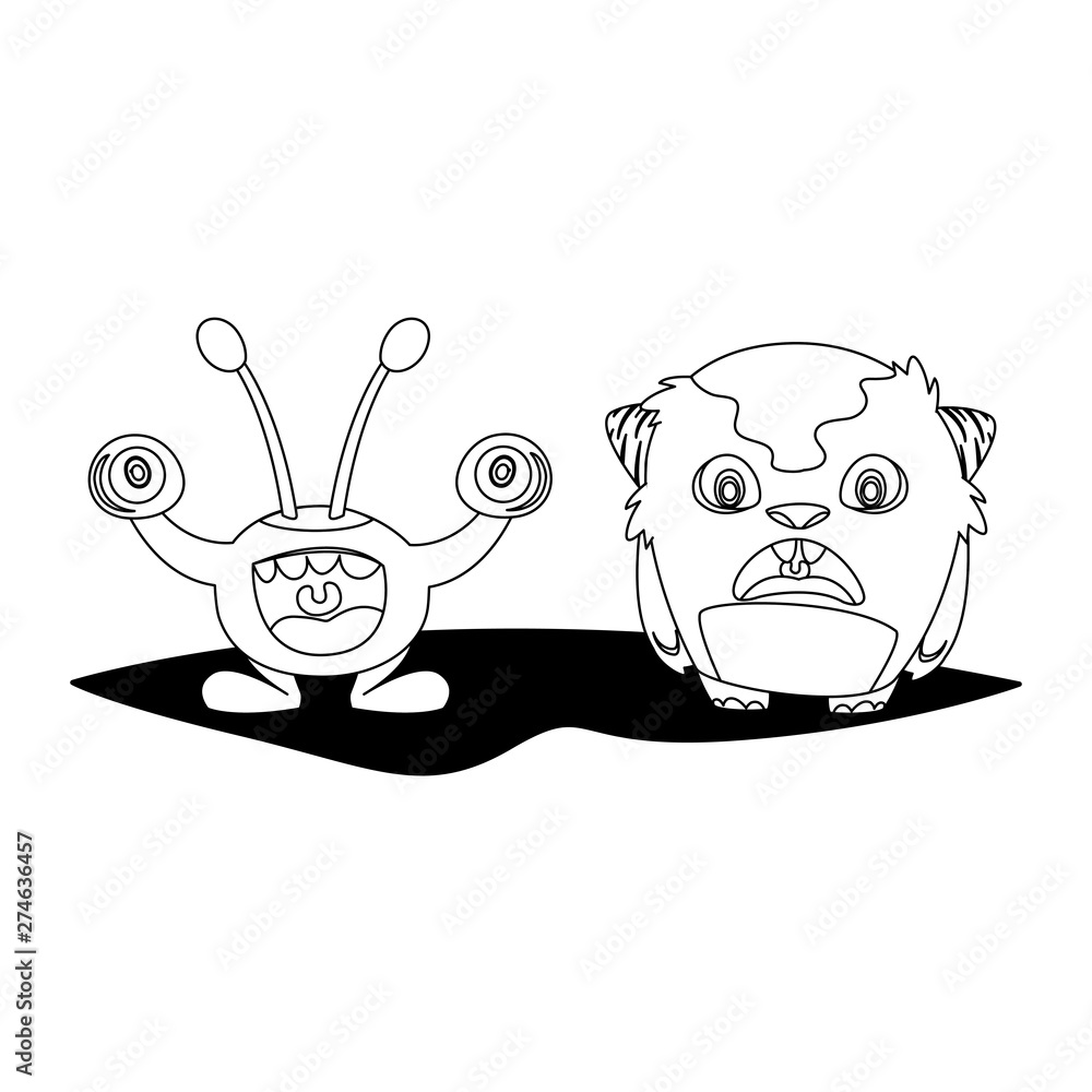 Obraz premium funny monsters couple comic characters monochrome