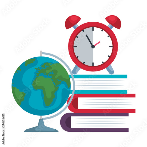 pile textbooks with alarm clock and world map