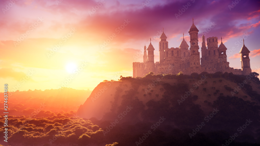 Αυτοκόλλητο concept art of majestic ancient castle at sunset with natural environment