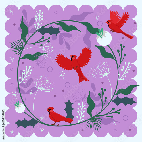 Decorative composition with a bird red cardinal and plant motifs. Vector illustration.