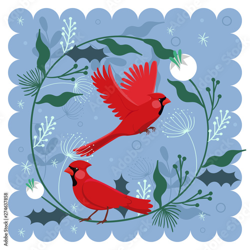 Decorative composition with a bird red cardinal and plant motifs. Vector illustration.
