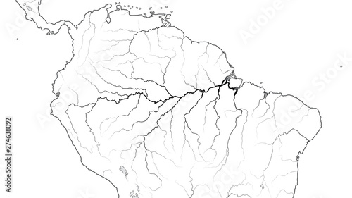 World Map of The AMAZON SELVA REGION in SOUTH AMERICA: Amazon Selva, Orinoco Llanos, Brazil, Venezuela, Colombia, Peru. Geographic chart of continent with affluent rivers and oceanic coastline.