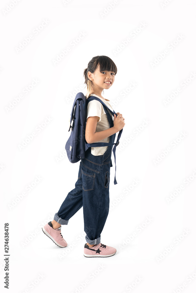 Young Asian girl student with school bag isolated on white background, learning and education kid concept Young Asian girl student with school bag isolated on white background, learning and education kid concept