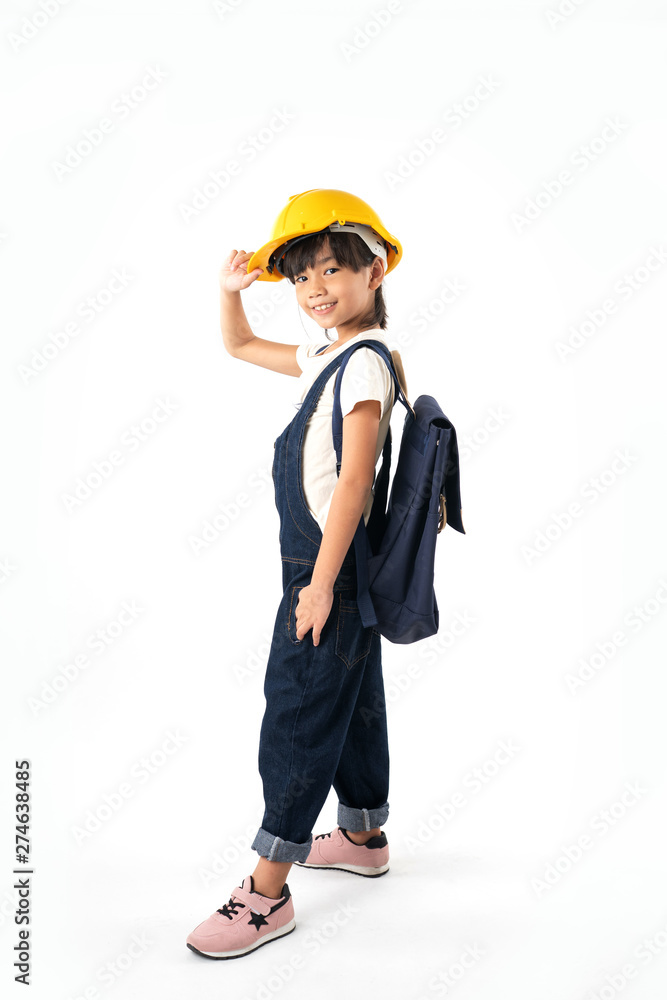 Asian girl Thai student want to be engineer, engineering kid isolated on white background
