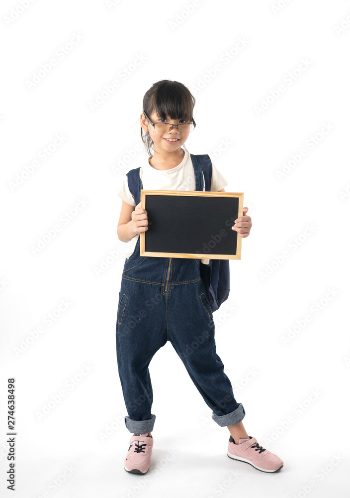 Young Asian girl holding chalkboard with copy space isolated on white background Young Asian girl holding chalkboard with copy space isolated on white background