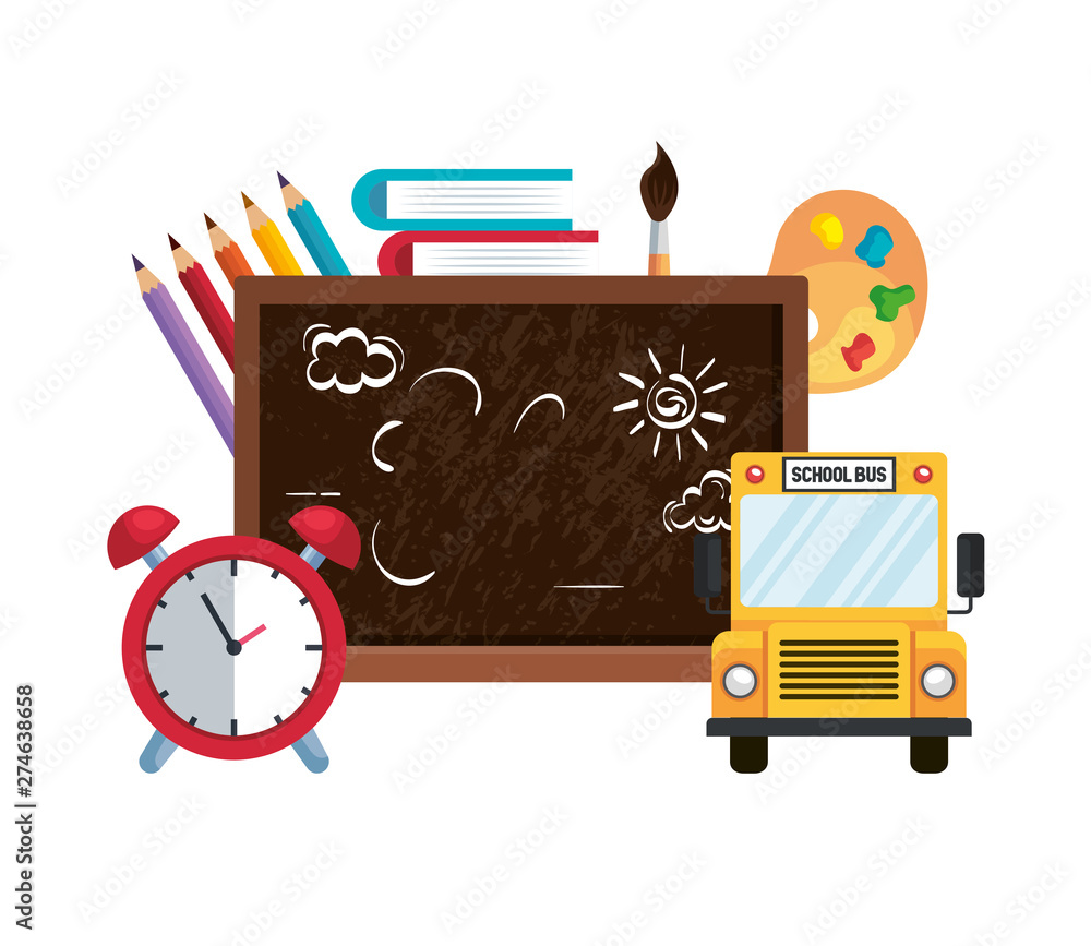 school chalkboard with alarm clock and bus school chalkboard with alarm clock and bus