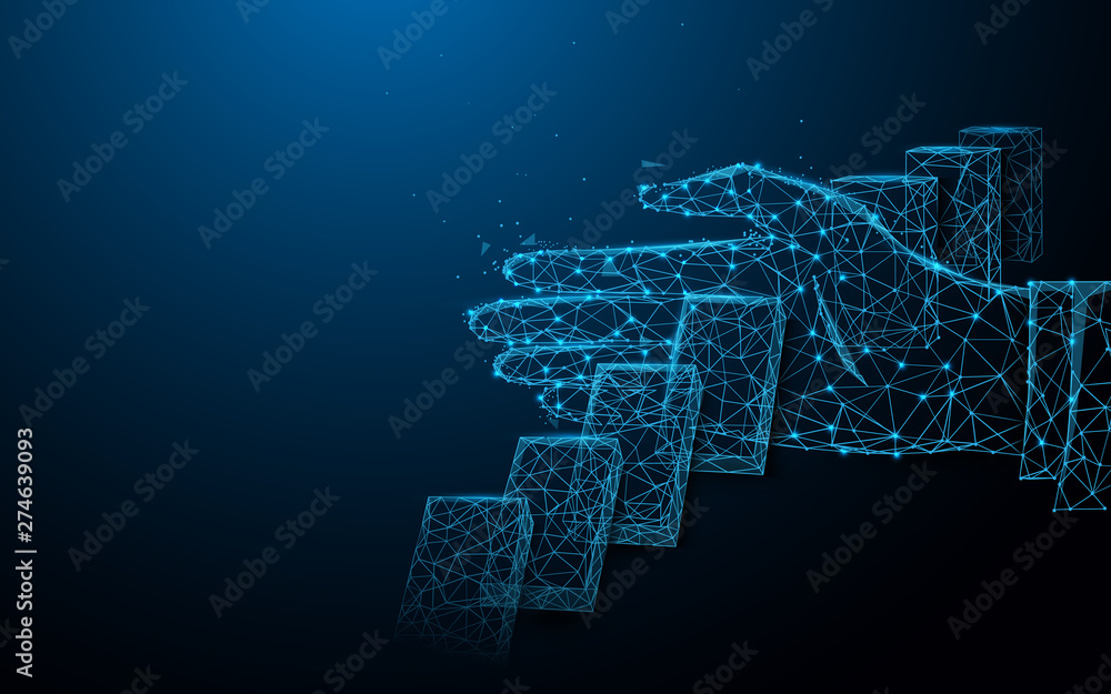 Close up of businessman hand Stopping Falling dominos effect. lines, triangles and particle style design. Illustration vector