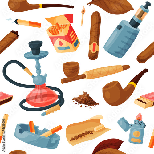 Cigarette vector smoking tobacco or cigar with nicotine and cigarette-end in ashtray illustration set of cigar-case or hookah and tobacco leaves isolated on white background