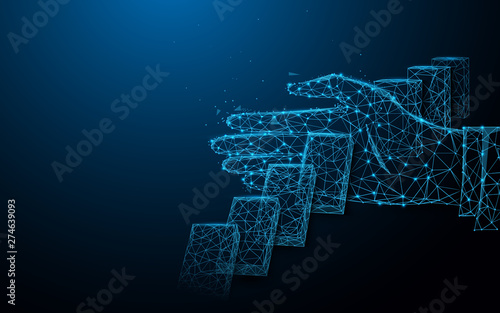 Close up of businessman hand Stopping Falling dominos effect. lines, triangles and particle style design. Illustration vector