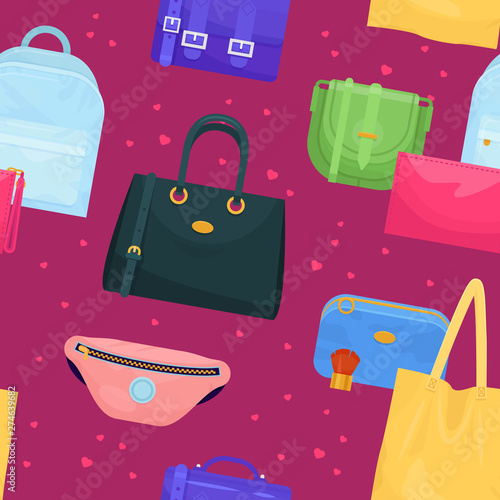 Woman bag vector girls handbag or purse and shopping-bag or baggy package from fashion store illustration set of shoppers bagged package background