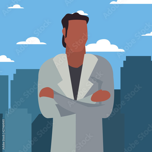 man avatar character cityscape background