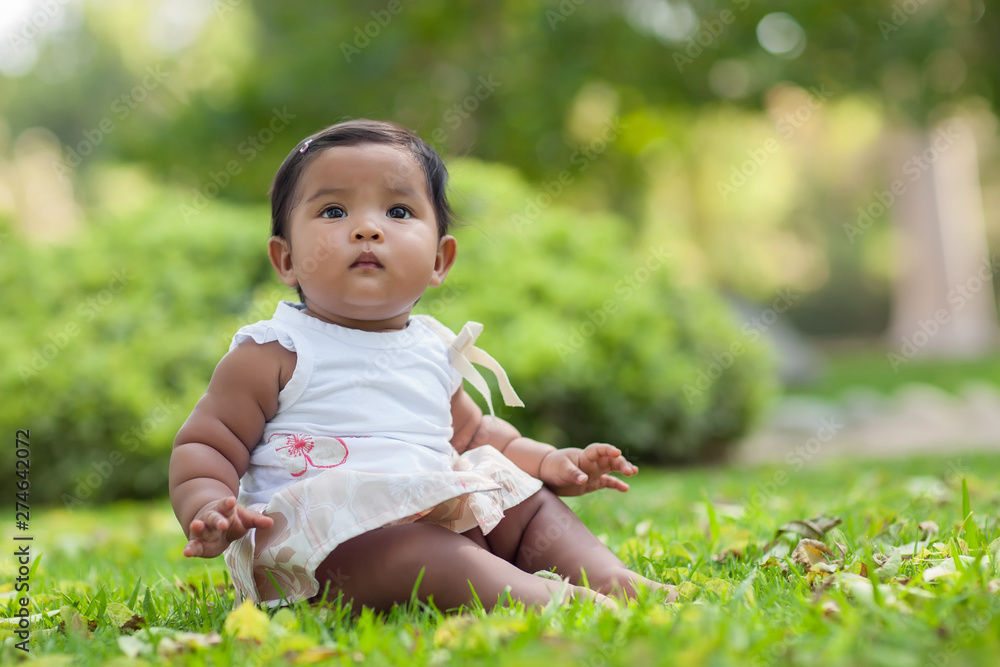 A cute baby girl with chubby arms sitting unsupported by herself, on green grass with green trees and shrubs in the background. A cute baby girl with chubby arms sitting unsupported by herself, on green grass with green trees and shrubs in the background.