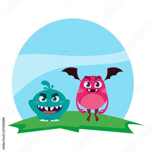 funny monsters couple in the field characters colorful