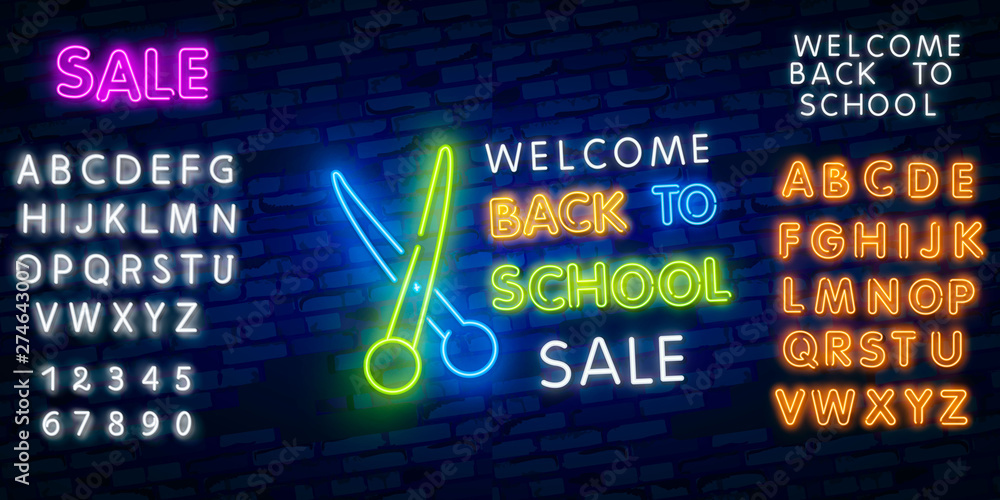 Back to School Welcome greeting card design template neon vector ...