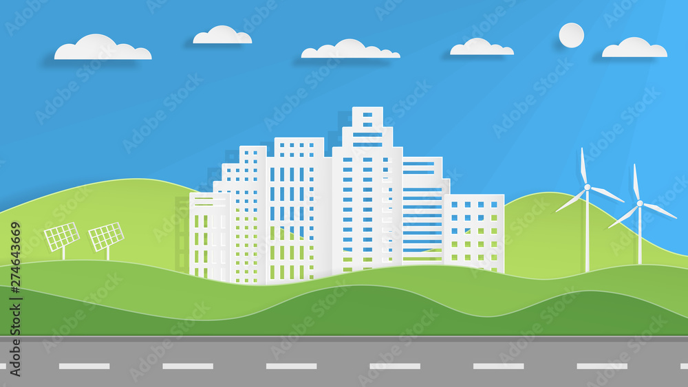 White paper skyscrapers and green mountains. Green eco concept paper art style. Architecture building in panoramic view. Vector Illustration