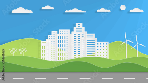 White paper skyscrapers and green mountains. Green eco concept paper art style. Architecture building in panoramic view. Vector Illustration