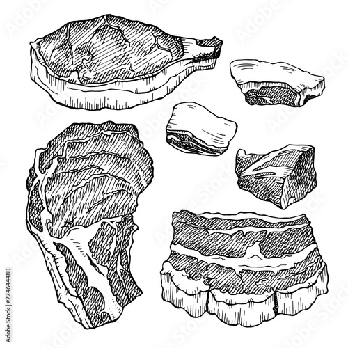 Pork. Hand drawn sketch of meat isolated on a white. Food illustration 