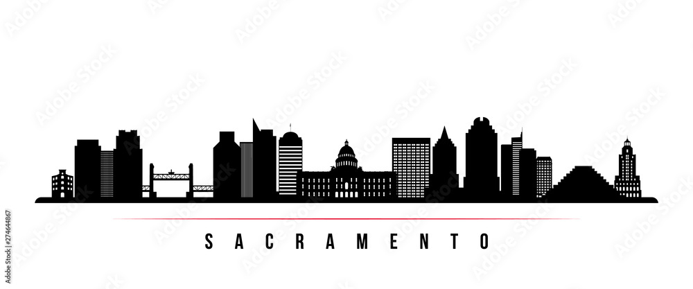 Sacramento city skyline horizontal banner. Black and white silhouette of Sacramento city, California USA. Vector template for your design.