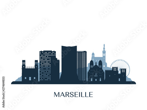 Marseille skyline, monochrome silhouette. Vector illustration.