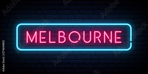Melbourne neon sign. Bright light signboard. Vector banner.