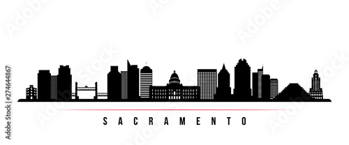 Sacramento city skyline horizontal banner. Black and white silhouette of Sacramento city  California USA. Vector template for your design.