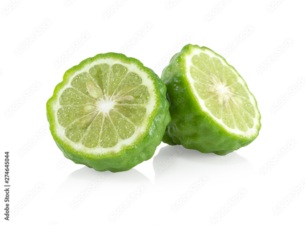 Fresh bergamot fruit slice with green leaf isolated on white background, herb and medical Fresh bergamot fruit slice with green leaf isolated on white background, herb and medical