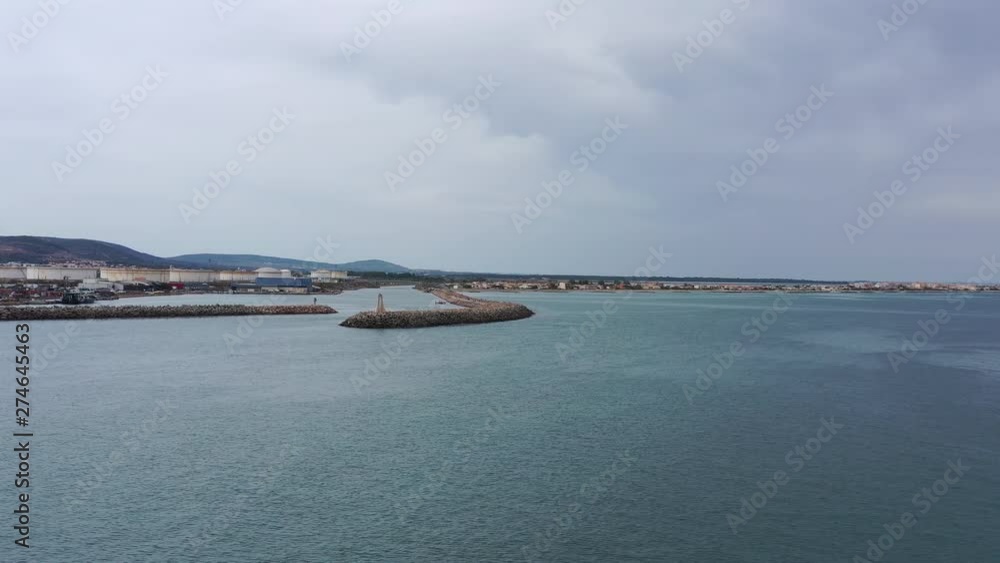 Levee breakwater drone view from the mediterranean sea France Frontignan Sete Levee breakwater drone view from the mediterranean sea France Frontignan Sete