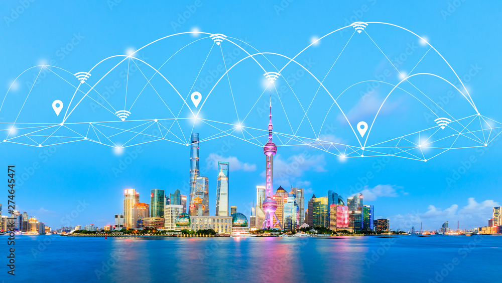 Modern city with wireless network connection concept in Shanghai
