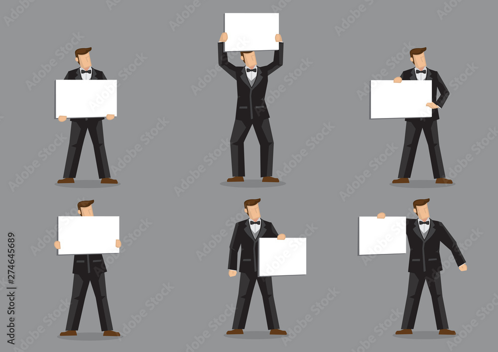 Vector Cartoon Man in Black Suit and Bow Tie Holding Sign Vector Cartoon Man in Black Suit and Bow Tie Holding Sign