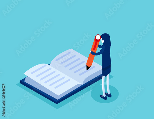 Businesswoman write in the book. Concept isometric business technology vector illustration, Classroom, Education, Flat isometric cartoon character style design.