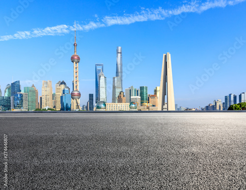 Shanghai city buildings and empty asphalt road