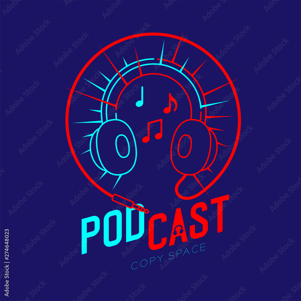 Headphone logo icon outline stroke with music note in cable circle frame dash line, Podcast internet radio program online concept illustration isolated on blue background with PODCAST text, vector