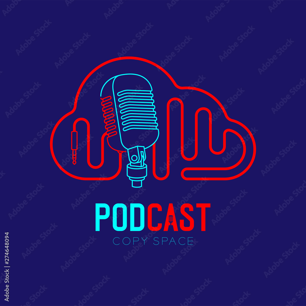 Retro Microphone logo icon outline stroke with Cloud shape frame cable dash line design, podcast internet radio program concept illustration isolated on dark blue background with PODCAST text, vector Retro Microphone logo icon outline stroke with Cloud shape frame cable dash line design, podcast internet radio program concept illustration isolated on dark blue background with PODCAST text, vector