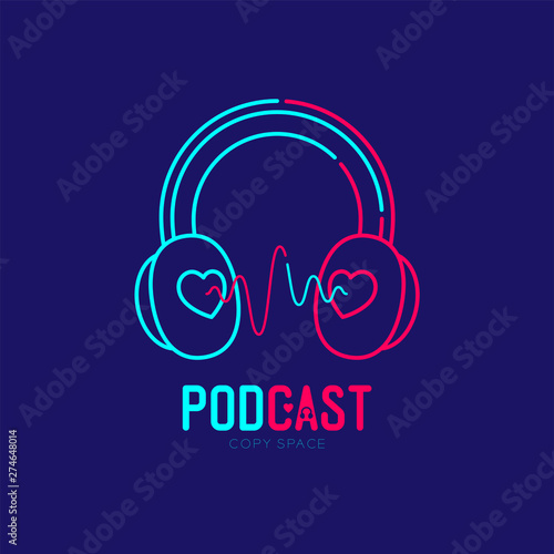 Headphone logo icon outline stroke with heart love symbol dash line design, Podcast internet radio program online concept illustration isolated on dark blue background with PODCAST text, vector