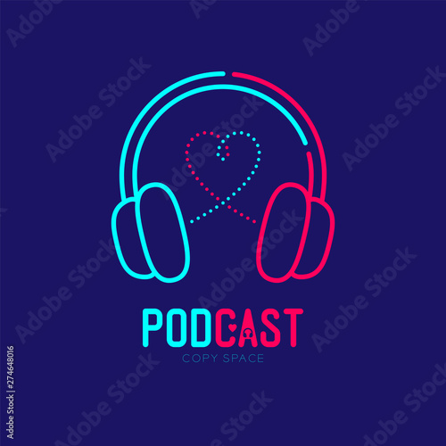 Headphone logo icon outline stroke with heart love symbol dash line design, Podcast internet radio program online concept illustration isolated on dark blue background with PODCAST text, vector