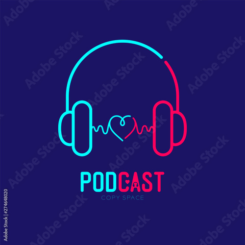 Headphone logo icon outline stroke with heart love symbol dash line design, Podcast internet radio program online concept illustration isolated on dark blue background with PODCAST text, vector