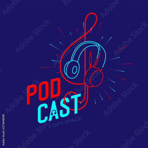 Headphone logo icon outline stroke with music note Treble Clef shape from cable dash line, Podcast internet radio program online concept illustration isolated on blue background with PODCAST text
