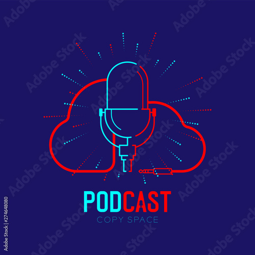 Retro Microphone logo icon outline stroke with Cloud shape frame cable dash line design, podcast internet radio program concept illustration isolated on dark blue background with PODCAST text, vector