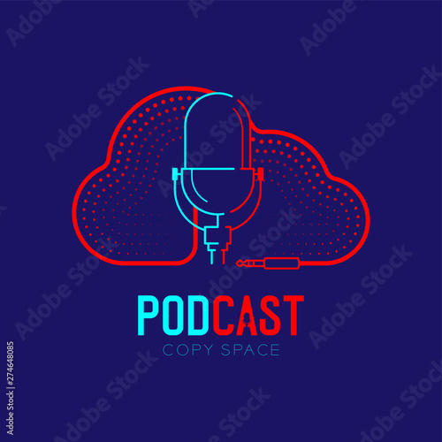 Retro Microphone logo icon outline stroke with Cloud shape frame cable dash line design, podcast internet radio program concept illustration isolated on dark blue background with PODCAST text, vector