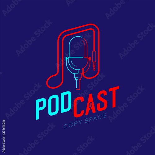 Retro Microphone logo icon outline stroke with music note cable dash line design, podcast internet radio program concept illustration isolated on dark blue background with PODCAST text, vector