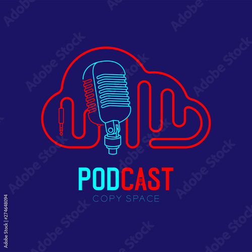 Retro Microphone logo icon outline stroke with Cloud shape frame cable dash line design, podcast internet radio program concept illustration isolated on dark blue background with PODCAST text, vector
