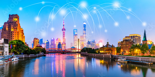 Canvas Print Modern city with wireless network connection concept in Shanghai