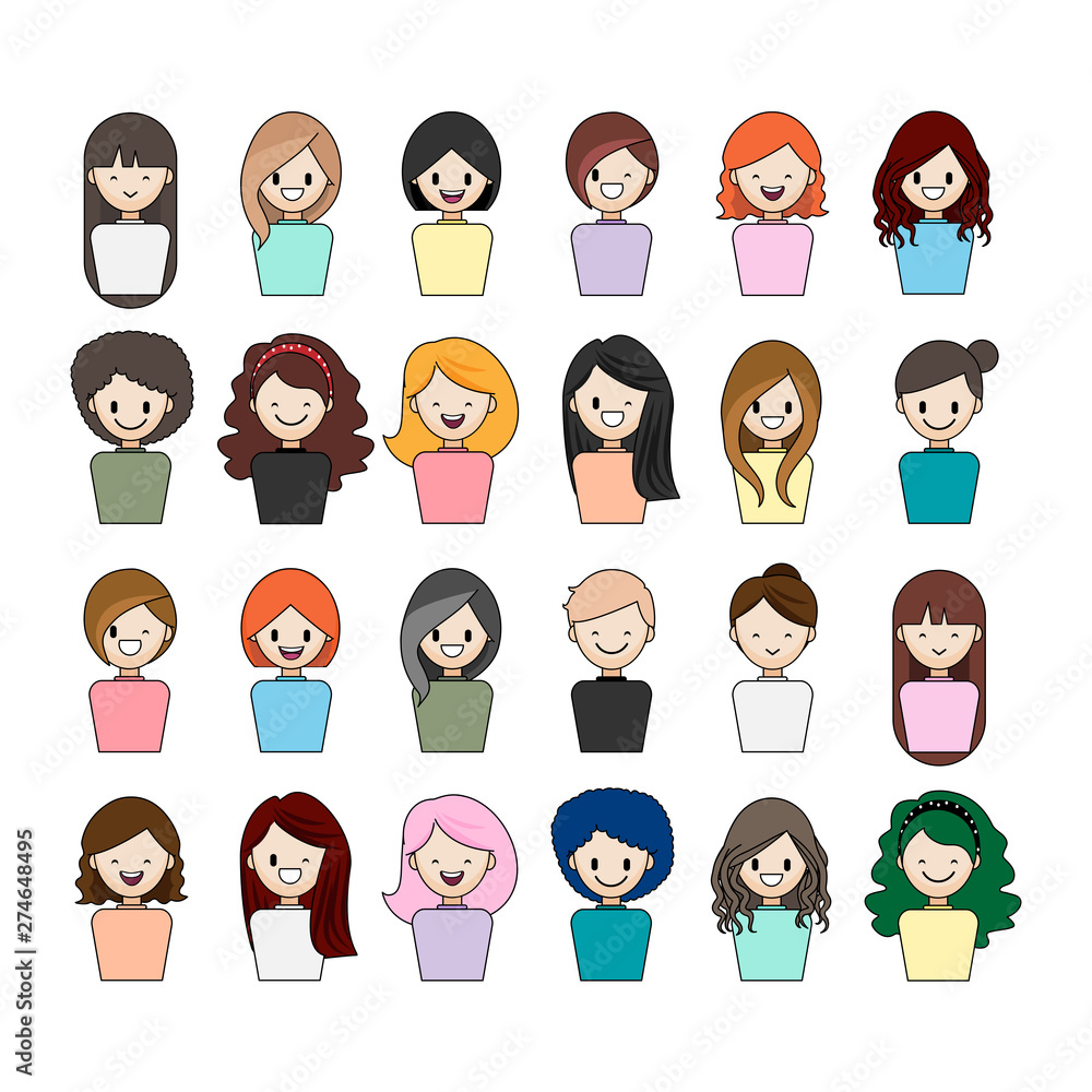 Cartoon character with cute lady of beautiful women, collection colorful hair and colorful cloth, flat icon design vector illustration. Cartoon character with cute lady of beautiful women, collection colorful hair and colorful cloth, flat icon design vector illustration.