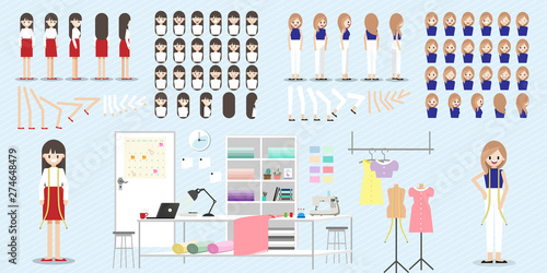 Cartoon character with fashion designer job for animation. Lady head set, front, side, back, 3-4 view character. Separate parts of body. Flat vector illustration. 078