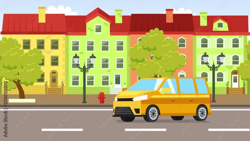 Cartoon yellow minibus car flat animation driving rides around old city street Cartoon yellow minibus car flat animation driving rides around old city street